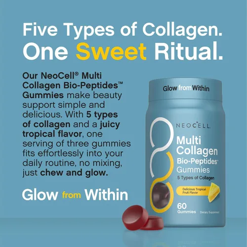 Miniatura 7 de NeoCell Gomitas bio-péptidos de colágeno múltiple 60 unidades Sabor tropical Tipo I, II, III, V, X Fórmula bioactiva avanzada