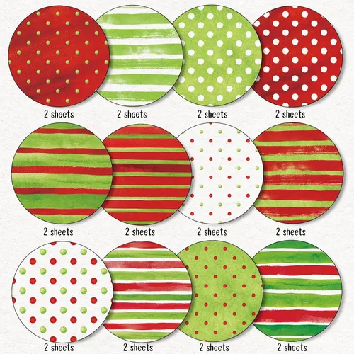 Miniatura 3 de Whaline 24 piezas de papel con patrón de acuarela de Navidad rojo y verde, papel especial a rayas de lunares de doble cara para manualidades