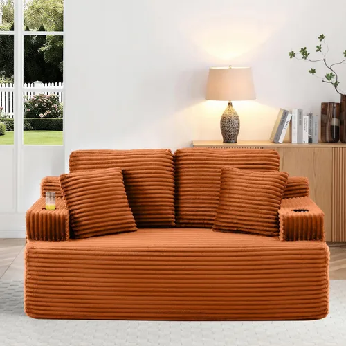 Miniatura 37 de Sofá sin hueso de 66.5 pulgadas con portavasos y bolsillos laterales, sofá biplaza tapizado de tela de pana moderna con 2 almohadas para sala