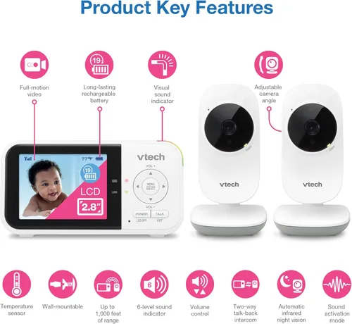 Miniatura 2 de VTech VM819-2 Monitor de bebé, pantalla de 2.8 pulgadas, 2 cámaras, rango de 1000 pies, visión nocturna, audio de 2 vías, sensor de temperatura