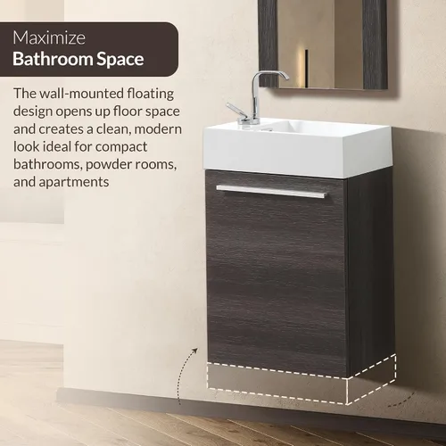 Miniatura 5 de Blossom Tocador de baño pequeño de 18 pulgadas con fregadero, gabinete flotante de madera maciza, resistente a la humedad, fregadero de profundidad