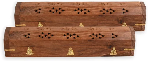 Paquete de 2 soportes para varillas de incienso, estilo ataúd, quemador de incienso de madera con incrustaciones de BUDDHA (NATURAL) hecho a mano