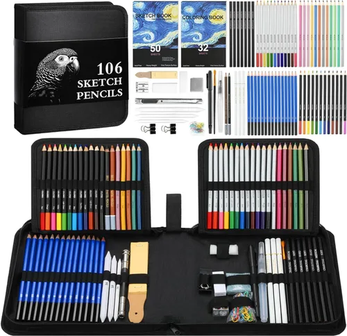 Cool Bank - Kit de suministros de arte de 106 piezas con libro de bocetos de 3 colores, libro para colorear, lápices de dibujo con grafito,