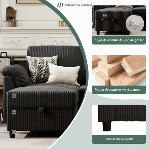 Miniatura 4 de Vongrasig Sofás Seccionales Convertibles, Sofá de 3 Asientos en Forma de L con Almohadas Removibles de Tela de Pana Suave, Sofá Pequeño de Mediados
