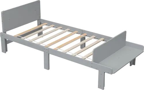 Miniatura 3 de Dolonm Marco de cama individual para niños con banco de estribo, gris, madera de pino, estilo moderno, no necesita somier