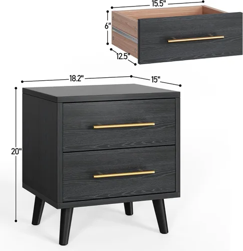 Miniatura 3 de Aiho Juego de 2 mesitas de noche, juego de mesita de noche para dormitorio, mesita de noche de madera con asas de metal, 2 cajones, mesita de noche