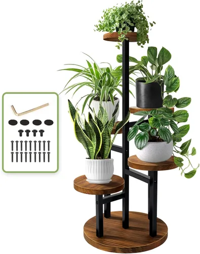 Miniatura 9 de AUGOSTA - Soporte para plantas de 3 niveles, estante alto de metal y madera para exhibición en interiores y exteriores, soporte para macetas