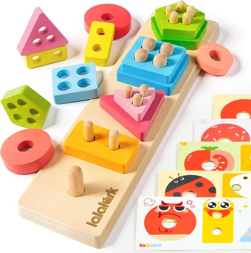 lalalark Juguetes Montessori para niños de 1, 2 y 3 años, juguetes de clasificación y apilamiento de madera con 5 tarjetas temáticas, juguetes