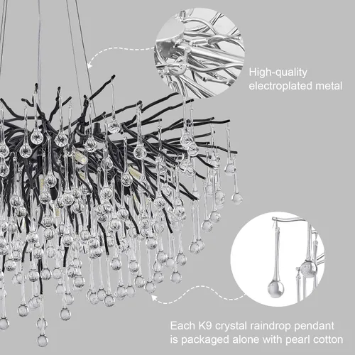 Miniatura 4 de Candelabro de cristal negro de 23.6 pulgadas, moderno colgante de techo de flores, iluminación colgante de rama de árbol, gota de lluvia, lámpara