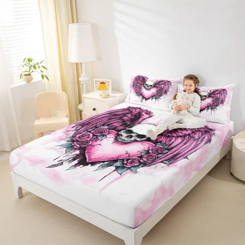 Miniatura 22 de Erosebridal Sábanas de cama de polilla de la muerte, sábana bajera ajustable de calavera gótica, tamaño individual, sábanas florales de flores