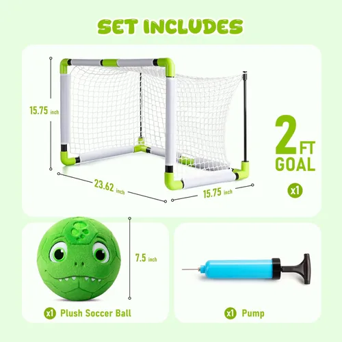 Miniatura 3 de VangeBow Porterías de fútbol de juguete para niños pequeños para patio trasero interior con pelota de dinosaurio de felpa suave, mini redes