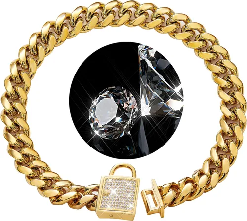 Collar de cadena para perro con cierre de circonita cúbica de 0.551 in, acero inoxidable, chapado en oro de 18 quilates, cadena cubana para