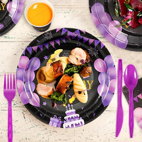 Miniatura 3 de Juego de vajilla de 168 piezas de suministros para fiesta de cumpleaños morados y negros, platos, cuchillos, tenedores, cucharas, tazas
