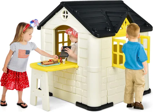 Costzon Casa de juegos para niños, juegos de jardín al aire libre con puertas y ventanas de trabajo, casa de juguetes de simulación con mesa de