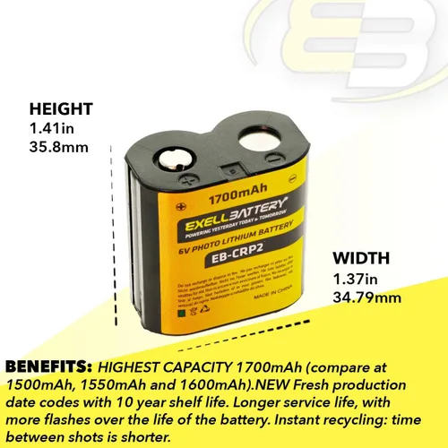 Miniatura 6 de EXELL CR-P2 6V 1700mAh (la más alta capacidad del mercado) batería de litio de foto sustituye a CRP2S, CR-P2, CR-P2S, DL223A, DLCRP2, EL223AP