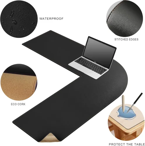 Miniatura 3 de MAIDERN Tapete de escritorio esquinero en forma de L (40 + 40 pulgadas) x 13 pulgadas, corcho y cuero, tapete de escritorio de doble cara para Negro