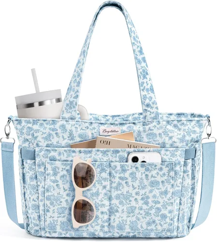 Miniatura 9 de Bolsa tote de pana para mujeres, 17 bolsillos para laptop de trabajo, ligera, para maestras, enfermeras, bolsa de hombro bíblica para escuela
