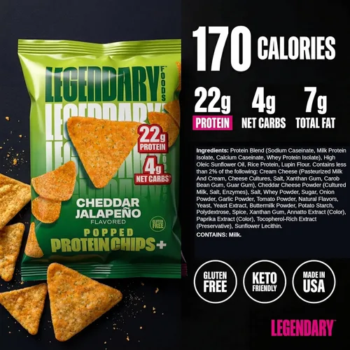 Legendary Foods Chips de proteína de jalapeño con cheddar – Estilo tortilla estallada – 22 g de alto contenido en proteínas, 4 g de carbohidratos