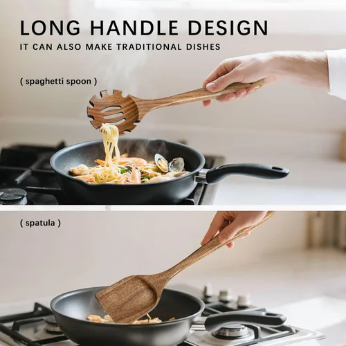 Miniatura 5 de Cucharas de madera para cocinar, juego de utensilios de cocina antiadherentes con 9 espátulas de madera de acacia y cucharas para cocinar, excelente