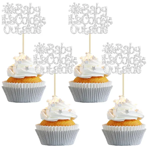 Miniatura 20 de Gyufise Paquete de 24 adornos de copos de nieve Oh Baby para cupcakes con purpurina azul Frozen Oh Baby Pick Decoraciones para baby shower