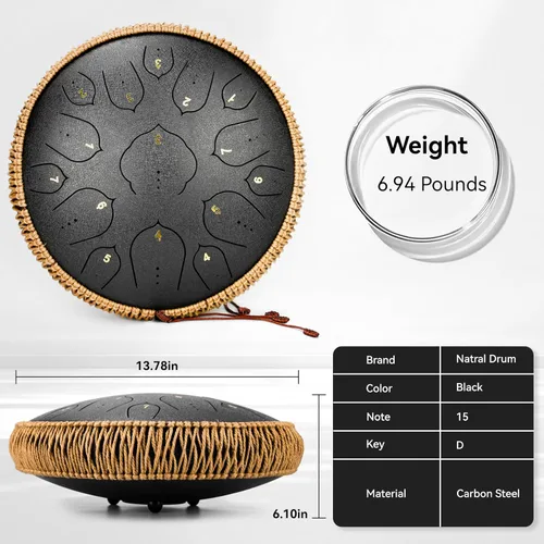 Miniatura 4 de Tambor de Lengua de Acero - 15 Notas Tambor de Acero - Instrumento de Tambor Handpan de 14 Pulgadas con Libro de Música, Mazos para Instrumentos