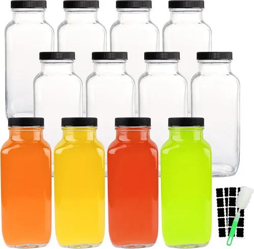 Miniatura 10 de HINGWAH Botellas de vidrio de 12 onzas, juego de 20 botellas de agua de vidrio vintage con tapas, ideales para almacenar jugos, leche, bebidas