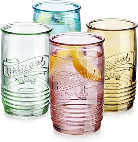 Glaver's Juego de 4 vasos originales Mason Collins de colores surtidos para jugo, cócteles, vasos de vidrio para bebidas, lavar a mano en agua fría