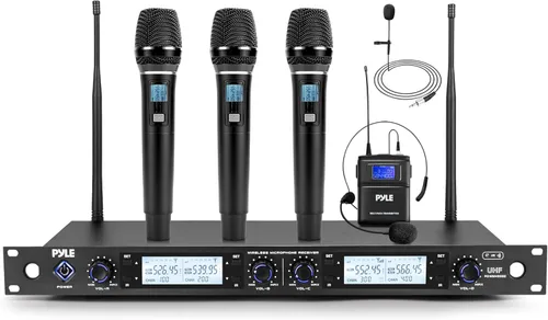 Miniatura 11 de Pyle Sistema de micrófono inalámbrico UHF de 4 canales con 2 micrófonos de mano, 2 Lavalier 2 auriculares y transmisores de cinturón, rango de 300