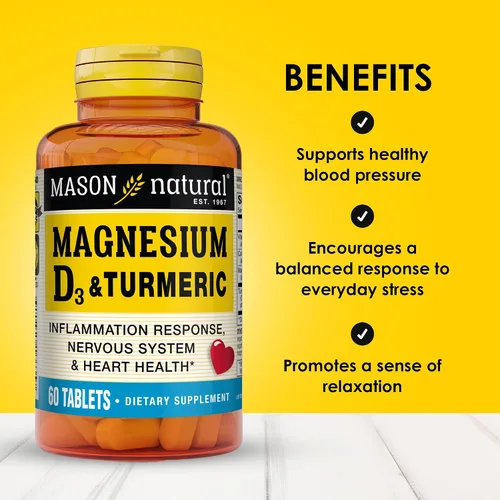 Miniatura 2 de MASON NATURAL Magnesio y vitamina D3 con cúrcuma - Corazón saludable y sistema nervioso, fortalece los huesos y los músculos, mejora la salud
