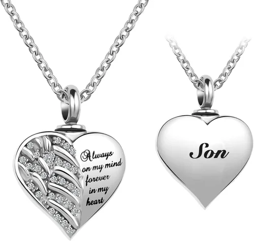 Miniatura 9 de Collar de alas de ángel guardián para cenizas, joyería de cremación con urna de cristal en forma de corazón, collar conmemorativo para cenizas