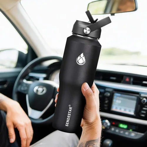 Miniatura 3 de SENDESTAR - Botella de agua de 0,9 L, 2 tapas (tapa con pajita), boca ancha de acero inoxidable aislada al vacío, doble pared, mantiene los líquidos