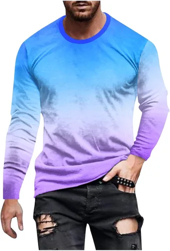 Camisas de color degradado para hombre, ajustadas, de manga larga, para primavera, casual, cuello redondo, blusa cómoda atlética