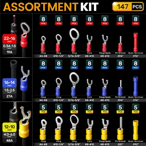 Miniatura 4 de SOMELINE Kit de herramientas de prensado de conectores eléctricos, crimpadora de terminales de trinquete 22-10 AWG, con conectores aislados a tope