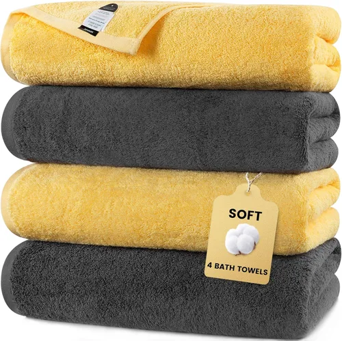 Miniatura 8 de SEMAXE Toalla de baño amarilla, toalla de baño 100% algodón con lazo para colgar, 55 x 27 pulgadas, suave, absorbente y de secado rápido, para baño