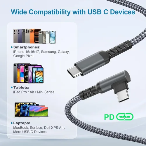 Miniatura 7 de Basesailor Cable USB C a tipo C de 60 W de 6.6 pies con adaptador USB, cable de carga rápida PD de 90 grados para MacBook Pro Mac, iPad 10 Air 5