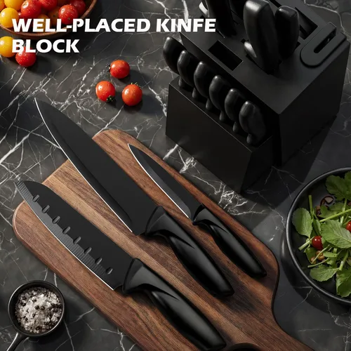 Miniatura 7 de Juego de cuchillos de 16 piezas para cocina con bloque, juego de cuchillos de cocina aptos para lavavajillas con afilador integrado, juego