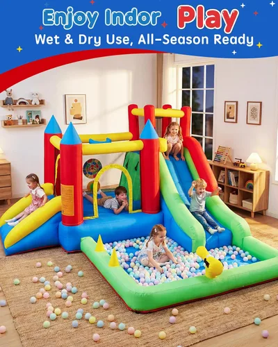 Miniatura 5 de Casa de rebote para niños de 3-6 años, castillo inflable saltarín 9 en 1 con toboganes dobles, trampolín, pared de escalada, piscina de pelotas