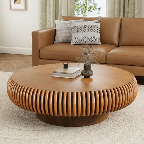Miniatura 9 de Mesa de centro de tambor de 31.5 pulgadas, moderna y única, mesa de té acanalada, mesa de centro redonda de madera contemporánea con mesa central