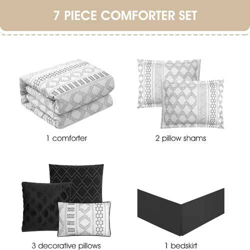 Miniatura 4 de Grand Avenue Juego de edredón de 7 piezas, color blanco y negro, juego de ropa de cama con clip, juego de cama geométrico para todas las estaciones