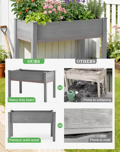 Miniatura 4 de Cama de jardín elevada de 48 x 24 x 30 pulgadas con patas, maceta de madera elevada para plantas al aire libre Gris