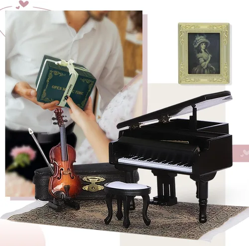 iLAND Caja de música de piano y violín en miniatura con caja de regalo, accesorios a escala 1/12 de la sala de piano de casa de muñecas con melodía