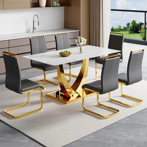 Miniatura 14 de Juego de mesa de comedor de 63 pulgadas para 4, juego de mesa de comedor dorado moderno para 4, juego de mesa de cocina de mármol sintético con negro