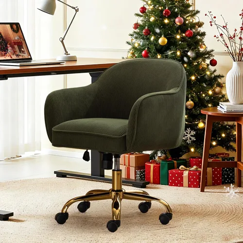 Miniatura 2 de Silla de Escritorio para Oficina en Casa con Brazos Ruedas Doradas Silla de Computadora Rodante Tapizada en Terciopelo Moderno de Respaldo Medio