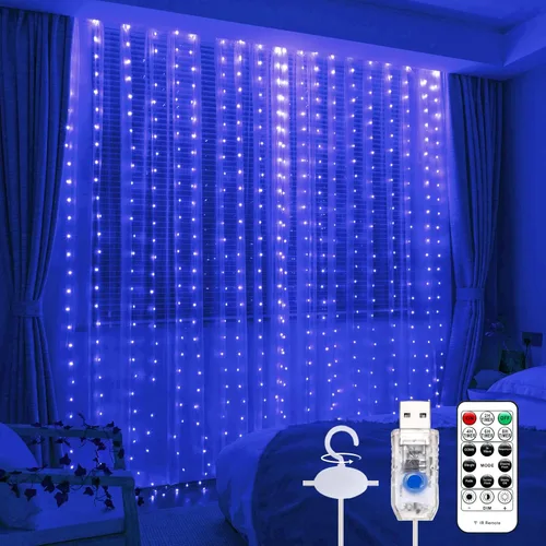 Miniatura 17 de Luz de cortina blanca cálida para dormitorio, 300 LED, 3m x 3m, luz de cadena de hadas para ventana con 16 ganchos, 8 modelos, control remoto