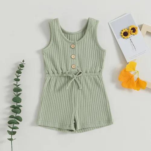 Miniatura 86 de Traje de verano para niña pequeña, de manga corta, acanalado, overol liso, pantalones cortos, ropa para recién nacidos
