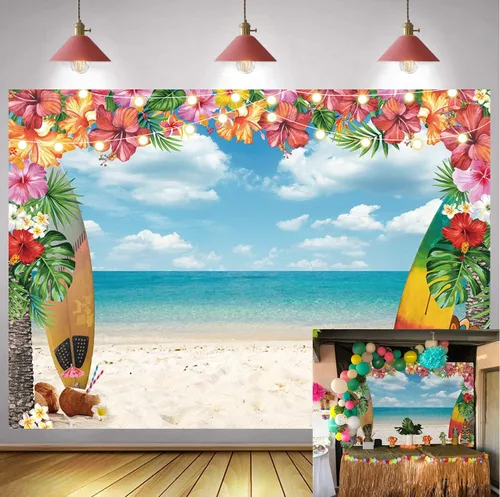 Fondo de playa hawaiana para verano, cielo, océano, palmera tropical, tabla de surf, fondo de fotografía, baby shower, decoración de fiesta de