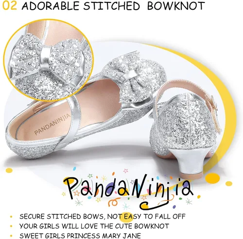 Miniatura 90 de PANDANINJIA Vestido de jada para niñas y niños pequeños, zapatos de princesa Mary Jane con tacones con lazo para fiesta, boda, boda