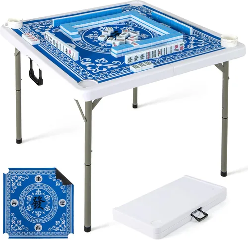 Miniatura 10 de Goplus Mesa de Mahjong, mesa plegable cuadrada de 35" con 4 portavasos, alfombrilla antideslizante, superficie de HDPE, patas de metal, mesa