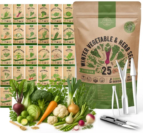 Organo Republic Paquete variado de 25 semillas de jardín de verduras y hierbas de invierno para exteriores e interiores, jardinería en el hogar, más