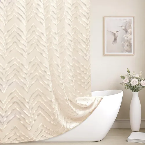 Miniatura 30 de Cortina de ducha bohemia beige de 72 x 72 pulgadas, moderna cortina de ducha estilo granja, bohemio, elegante, con textura de cheurón, cortinas